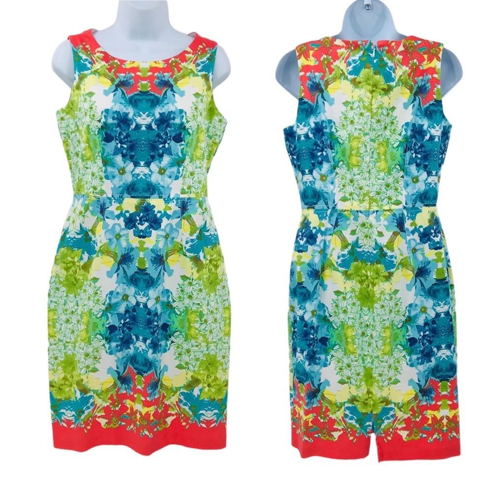Nine West Watercolor Abstract Blue, Green, Coral Sheath Dress
